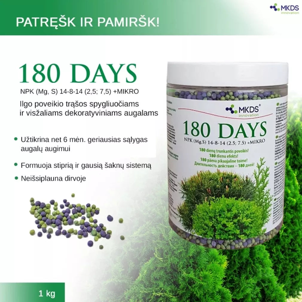 180 DENÍ dlouhodobě působící hnojivo pro jehličnany a vždyzelené rostliny, 1 kg