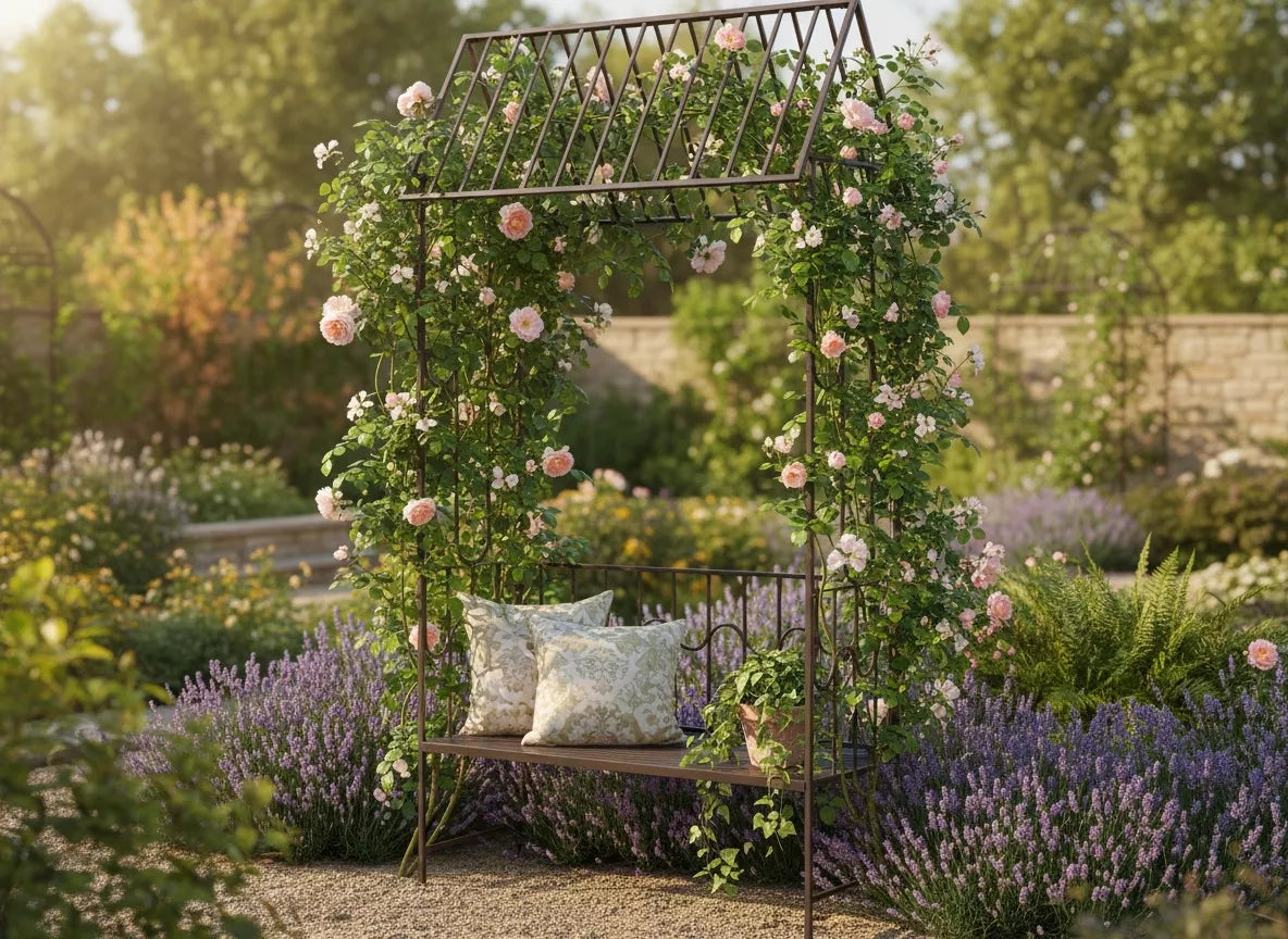 Zahradní pergola s lavičkou, antická hnědá barva, kovová