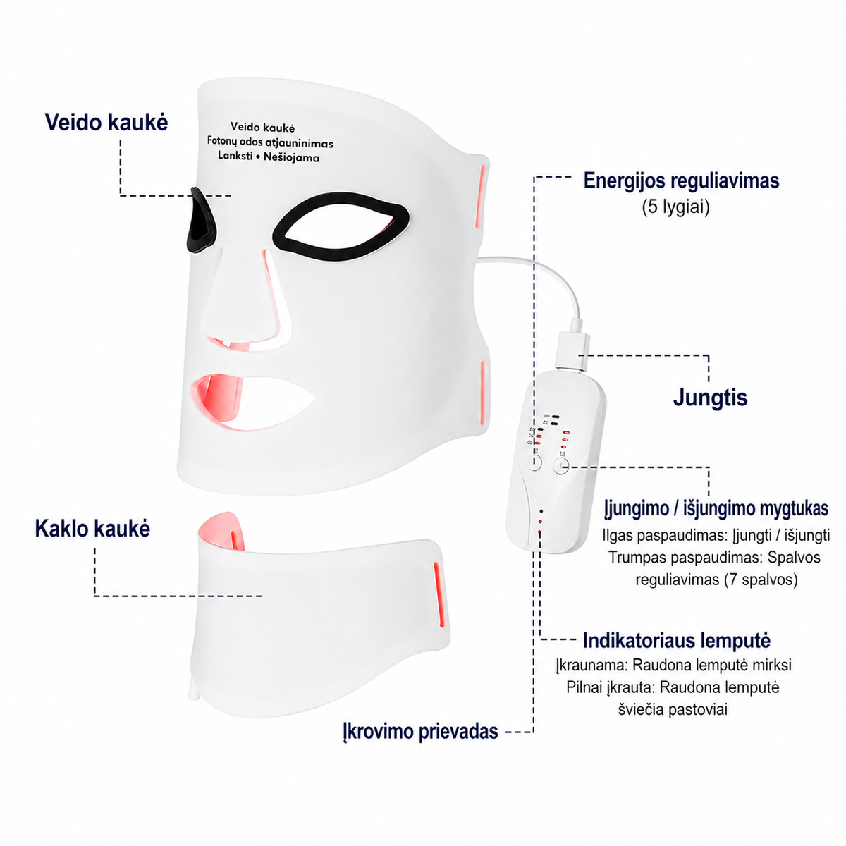 Silikoninė LED kaukė veidui ir kaklui