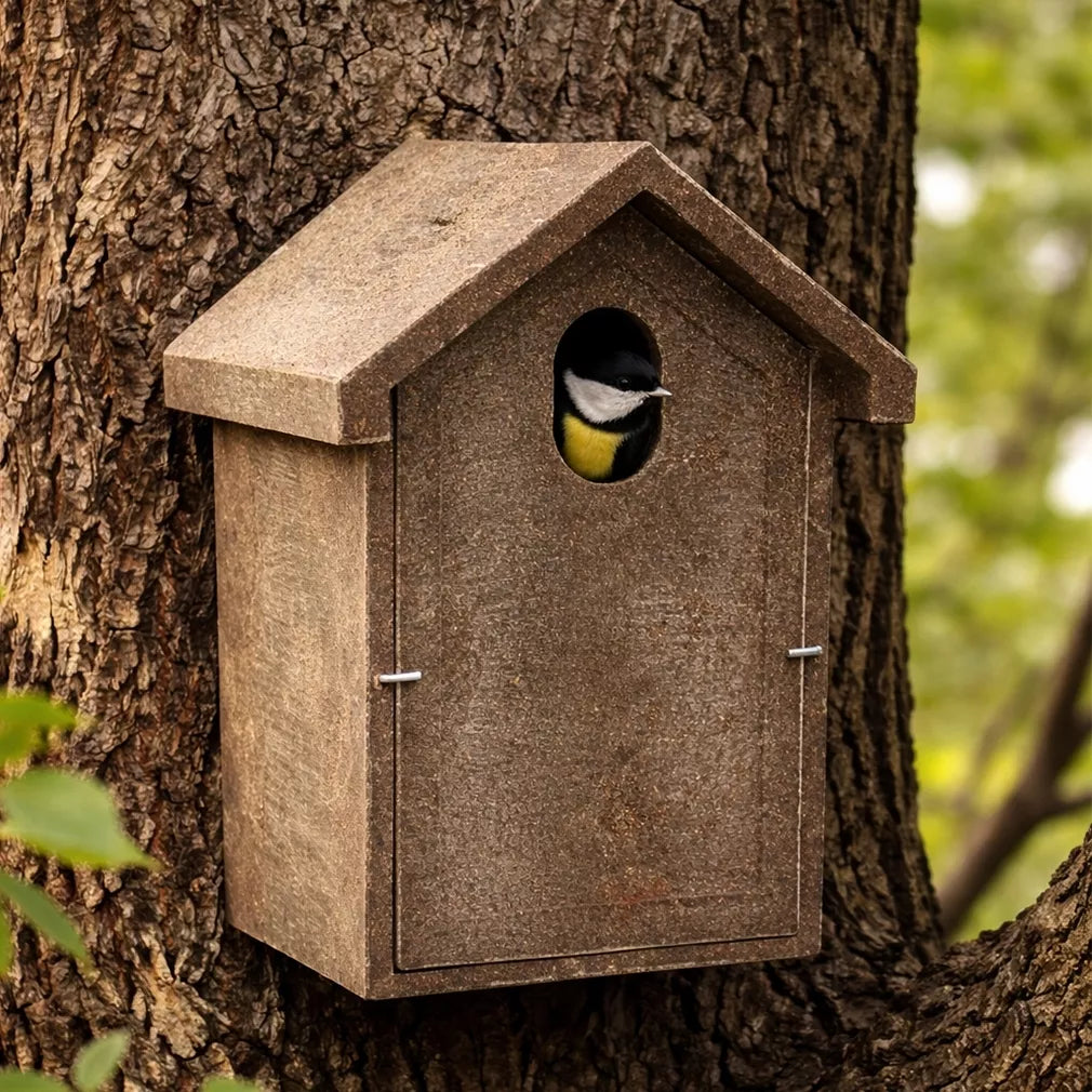Budka pro sýkory z polymerového dřeva s oválným vletovým otvorem 5 × 3 cm