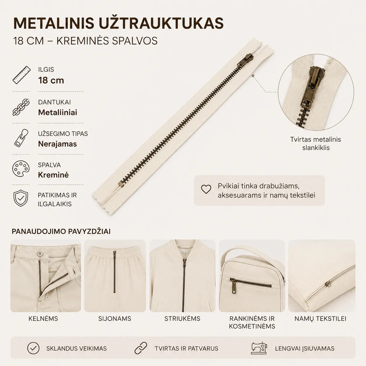 Metalinis užtrauktukas 18 cm – baltos spalvos