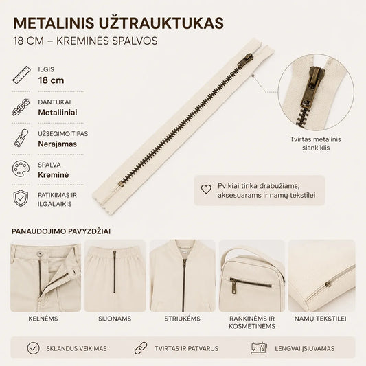 Metalinis užtrauktukas 18 cm – baltos spalvos