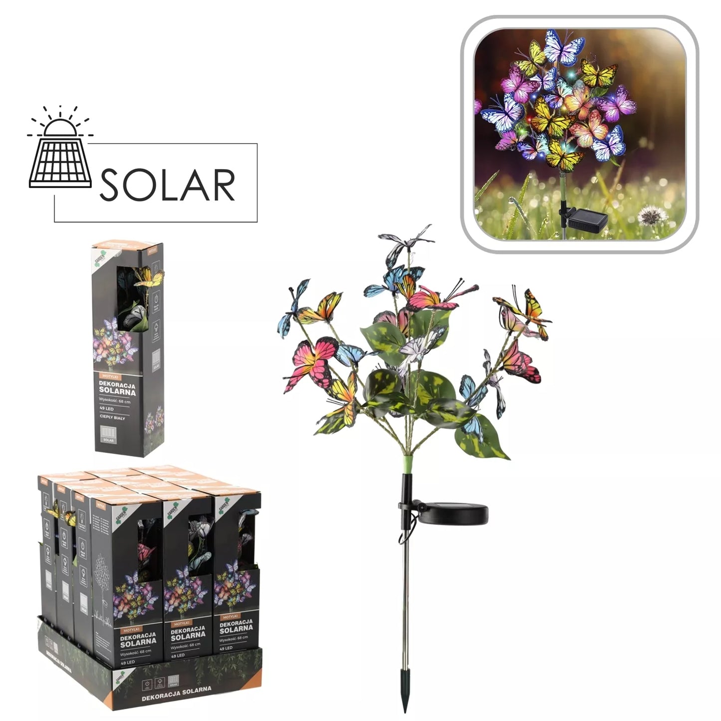 Zahradní dekorace na solární energii s LED motýly, 68 cm
