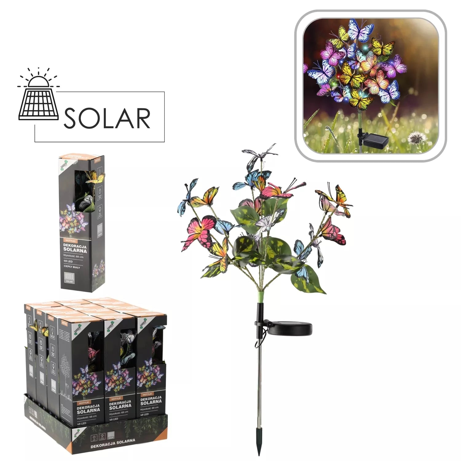 Zahradní dekorace na solární energii s LED motýly, 68 cm