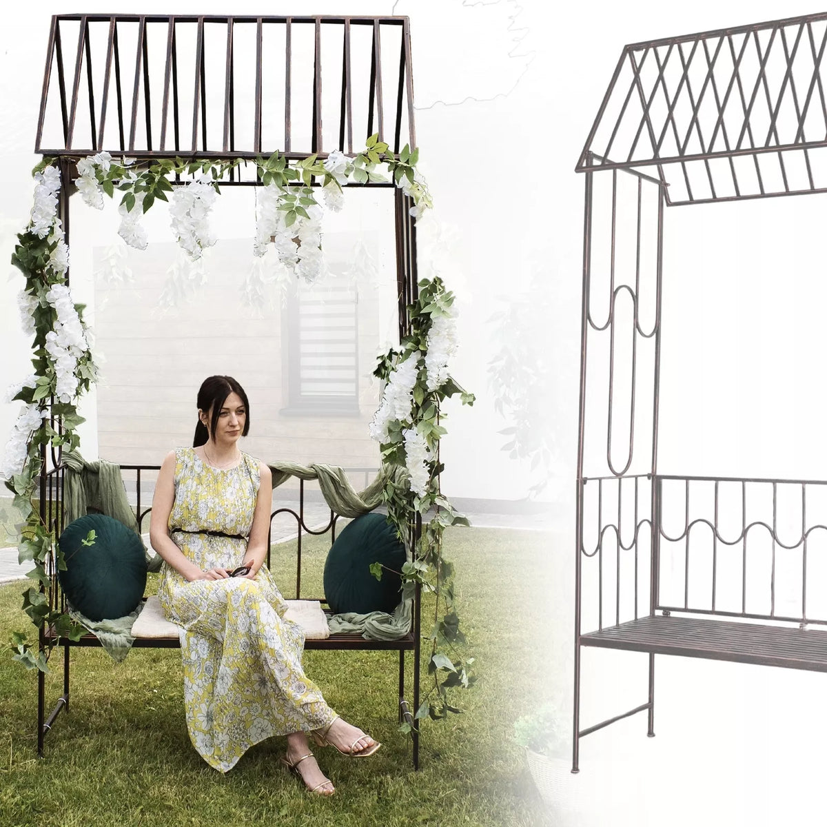 Zahradní pergola s lavičkou, antická hnědá barva, kovová