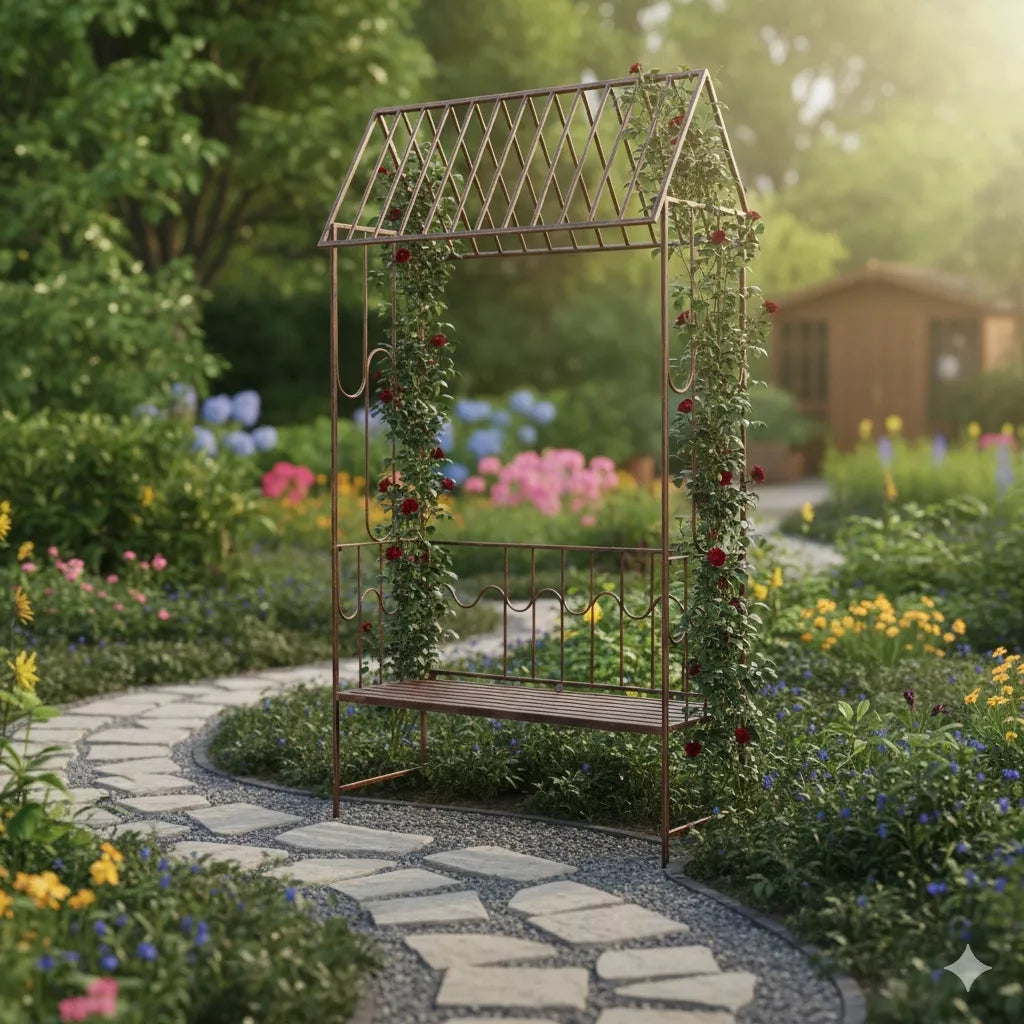 Zahradní pergola s lavičkou, antická hnědá barva, kovová
