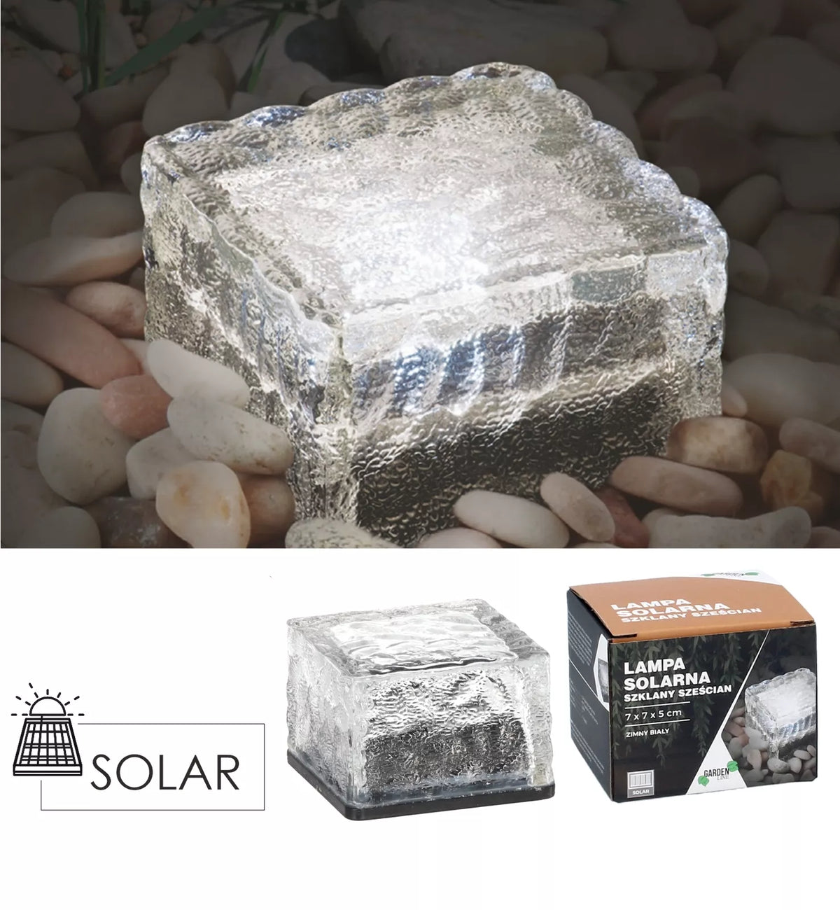 Skleněná solární lampa – krychle 7 × 7 × 5 cm, studeně bílá LED