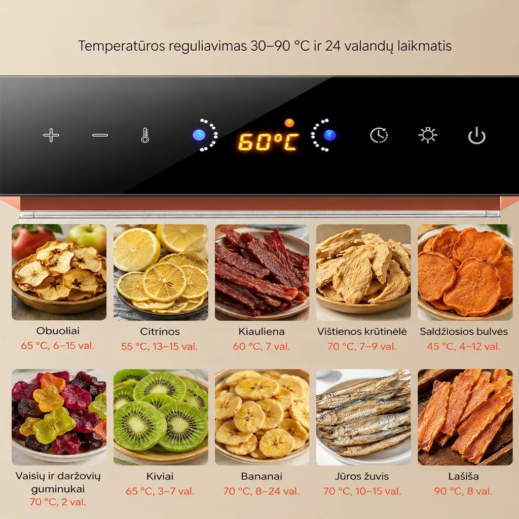Vaisių ir maisto džiovyklė 800 W, 12 padėklų, nerūdijančio plieno korpusas